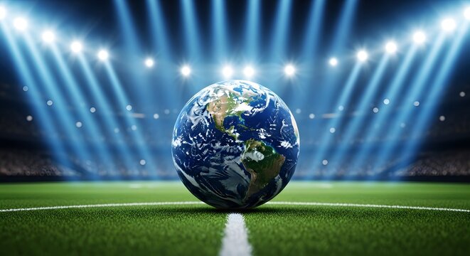 Earth as a football on a stadium field under bright lights
