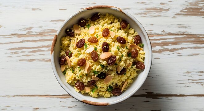 Delicious couscous salad with raisins and almonds served in a rustic ceramic bowl
