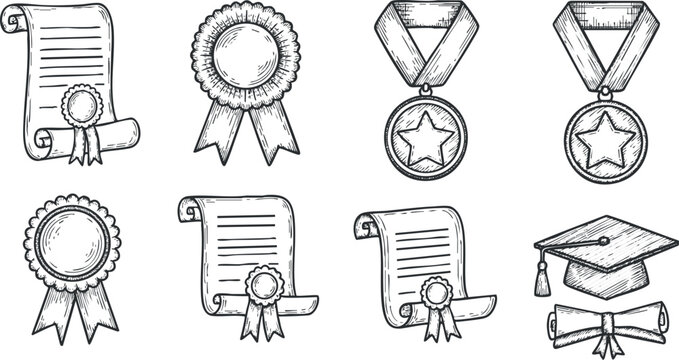 A collection of award ribbons, medals, and certificates in hand-drawn outline vector style, suitable for educational and recognition projects