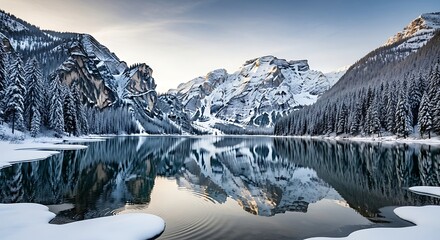 Obraz premium A serene winter scene captures a calm lake reflecting snow-dusted peaks, surrounded by pine forests under a pale winter sky