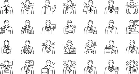 Fototapeta premium Business Professionals, Office Workers & Corporate People Outline Icon Set – Vector EPS
