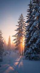Naklejka premium A serene winter scene captures a snowy landscape with tall evergreen trees silhouetted against a golden sunrise