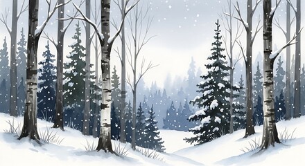 A serene winter scene depicts a snow-covered forest, with bare birch trees and evergreen conifers, as snowflakes gently fall