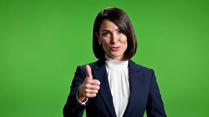 Enthusiastic Businesswoman Gives Thumbs Up on Green Screen A Confident Professional in a Suit Expresses Approval and Positivity in a Studio Setting for Corporate Communication.