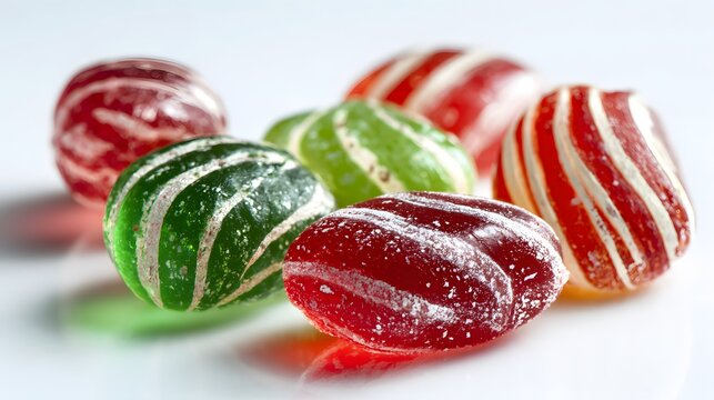 Close-up of colorful hard candies with white stripes on a white surface