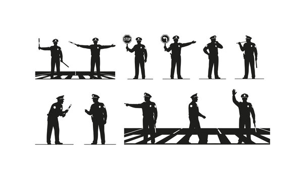 Traffic police officers directing traffic at an intersection depicted in a dynamic silhouette style isolated on white background