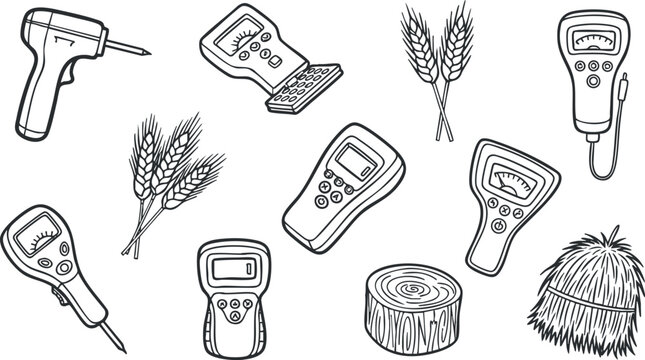 A collection of agricultural measuring tools and devices in black and white outline vector style, ideal for farming and technology projects