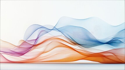 Abstract image of colorful waves with a white background. The waves are in shades of blue, orange, and purple.