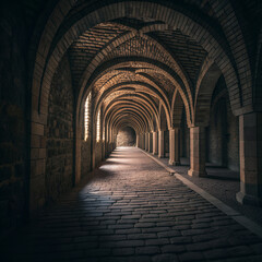 Fototapeta premium Medieval Archway Corridor Perspective: Historic Stone Hall, Dark Interior, Architectural Depth