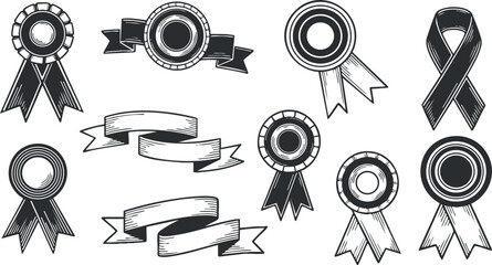 A collection of decorative award ribbons and banners in black and white outline vector style, suitable for achievement recognition and event branding