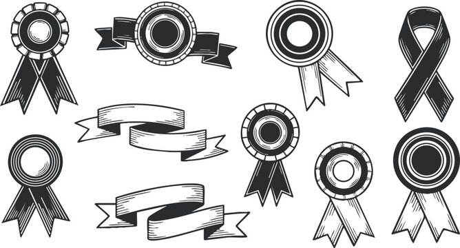 A collection of decorative award ribbons and banners in black and white outline vector style, suitable for achievement recognition and event branding