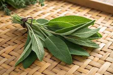 Fresh sage herb leaves bundled on a woven mat