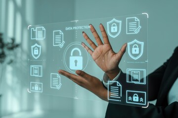 Dark skinned hands interacting with digital data protection interface digital interface cybersecurity