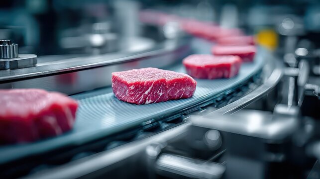 Fresh Red Meat Cuts on Industrial Conveyor Belt in Processing Plant