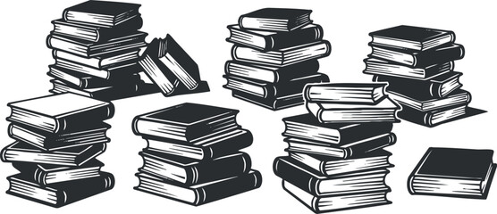 A collection of stacked books in a detailed black and white vintage vector style, ideal for educational projects and literary themes