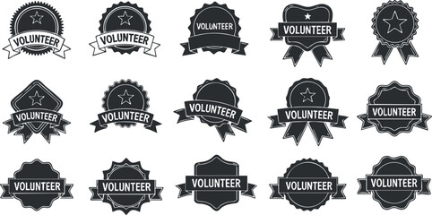 A collection of volunteer badges and icons in black and white vector style, suitable for community service promotions and recognition events