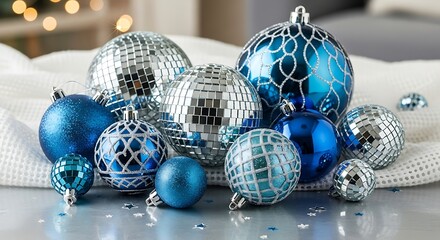 Elegant blue and silver christmas ornaments with glowing bokeh