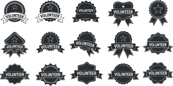 A collection of volunteer badges and icons in black and white vector style, suitable for community service promotions and recognition events