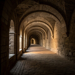 Obraz premium Historic Stone Archway Corridor, Dimly Lit Medieval Tunnel Perspective with Dramatic Light and Shadow