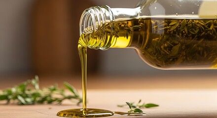Olive oil infused with herbs is poured from a glass bottle onto a wooden surface