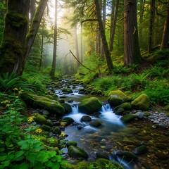 Obraz premium A serene woodland scene showcases a stream flowing between moss-covered rocks and lush greenery, under dappled sunlight
