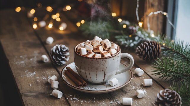 Cozy winter scene with hot chocolate and marshmallows by a window with fairy lights - Powered by Adobe