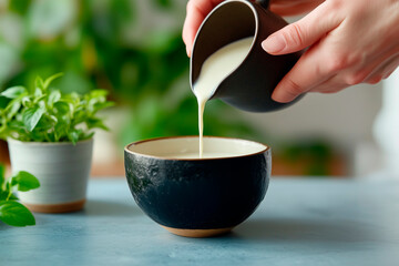Chef's hand pouring milk from a bottle into a bowl