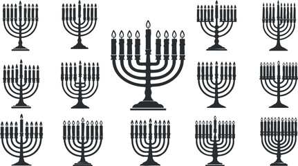 A collection of menorahs in black and white minimalist vector style, ideal for Hanukkah decorations and religious themes
