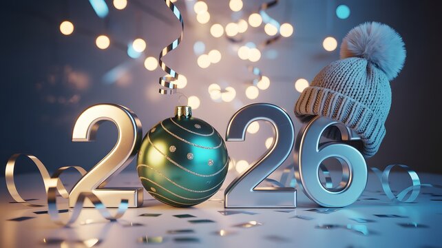 Festive new year 2020 celebration with sparkling lights confetti and a Christmas ornament