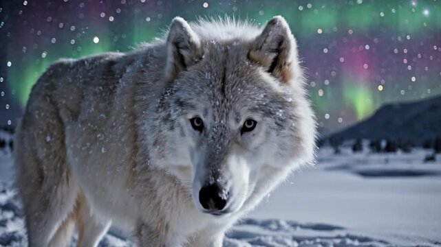 Majestic White Wolf in Snowy Landscape with Northern Lights.