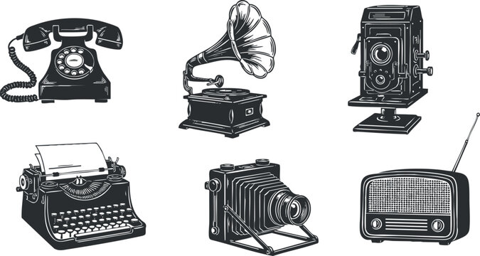 A collection of vintage communication devices including a telephone, typewriter, gramophone, camera, and radio in black and white vector style, perfect for retro-themed projects