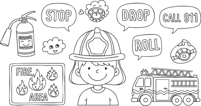 A playful firefighter character with safety tips including stop, drop, and roll in black and white cartoon vector style, ideal for educational materials