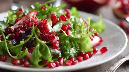 Fresh pomegranate salad with arugula and mixed greens on a white plate