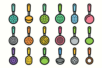Colorful assorted kitchen utensils with diverse designs and patterns