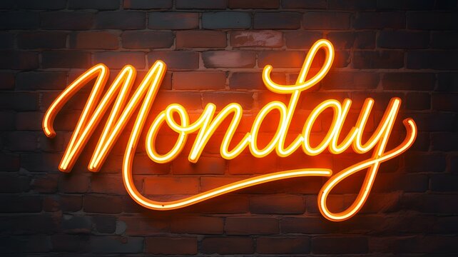 Bright orange neon sign spelling out the word Monday in cursive on a dark brick wall
