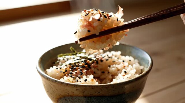 Close-up of a person using chopsticks to pick up a spoonful of rice with furikake seasoning from a ceramic bowl bathed in natural sunlight.