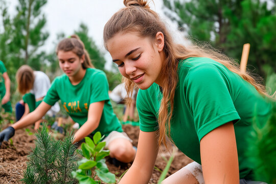 Young woman with a group of volunteers planting trees in a reforestation area