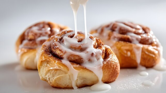 Freshly baked cinnamon rolls with icing drizzled on top, a sweet treat