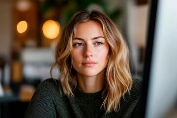 portrait of a focused businesswoman working at a desk with a focused look