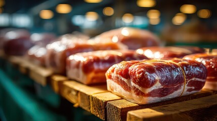 Freshly Packed Meat Cuts on Display at a Rustic Marketplace