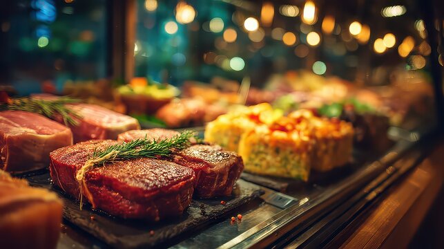 Selection of Fresh Meats Displayed in Glass Case at Gourmet Butcher - Powered by Adobe