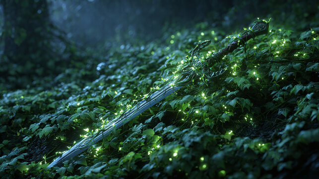 A mystical sword rests amongst glowing foliage in a dark forest setting. The sword lies partially embedded in lush vegetation