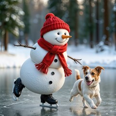 A cheerful snowman in a red knitted hat and scarf joyfully skates on a frozen pond, while a playful terrier dog joins the fun against a snowy forest backdrop 