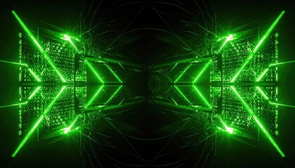 Futuristic Green Neon Abstract Geometric Tunnel with Glowing Lines.
