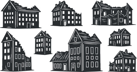Obraz premium A collection of vintage and abandoned houses in black and white minimalist vector style, suitable for urban design projects