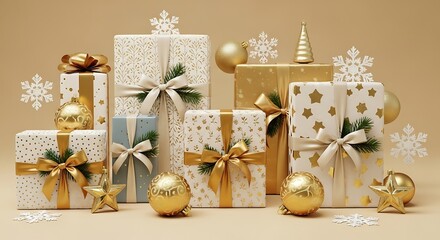 Elegant christmas gifts and gold ornaments on a festive backdrop.