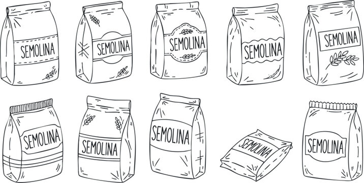 A collection of semolina flour packaging designs in minimalist black and white outline style, ideal for culinary projects