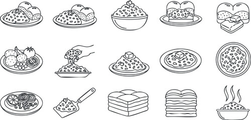 A collection of various food dishes and desserts in black and white outline vector style, suitable for culinary illustrations and menu design