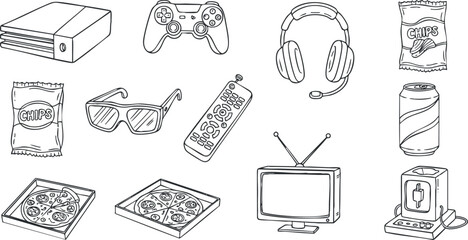 Obraz premium A collection of gaming and snack items including a console, controller, headphones, and pizza in black and white vector style, perfect for entertainment and leisure themed designs