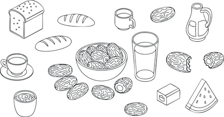 A collection of various food and drink items including pasta, pastries, fruits, and beverages in black and white outline vector style, ideal for culinary and menu design